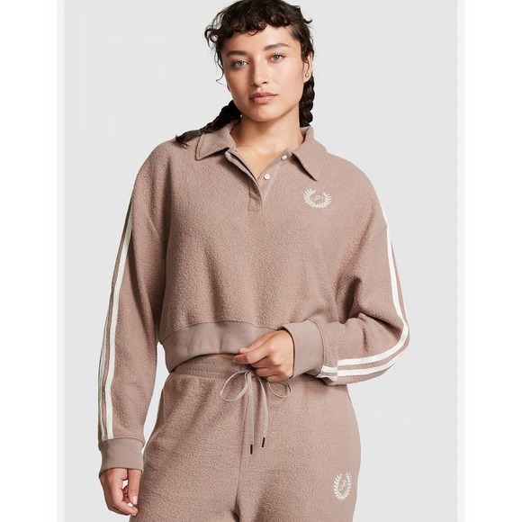 VICTORIA'S SECRET PINK REVERSE FLEECE CROPPED POLO SWEATSHIRT. SZ XL NWT Blush - Picture 2 of 11